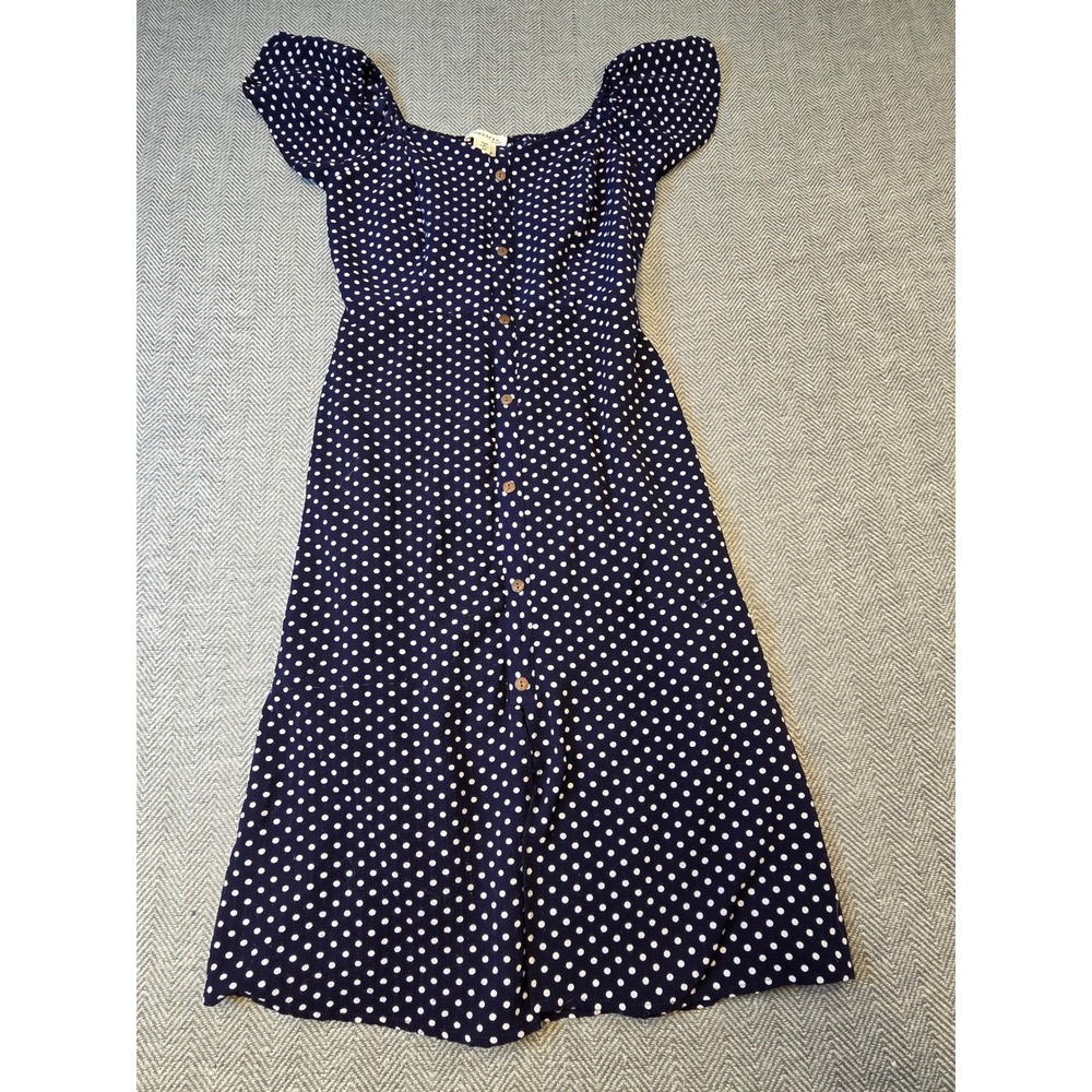 Monteau Shirt Dress Women's M Navy White Polka Dot Flutter Sleeve Button Front